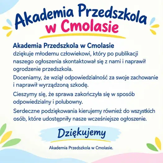 Młody człowiek naprawił ogrodzenie przedszkola w Cmolasie po apelu w mediach społecznościowych