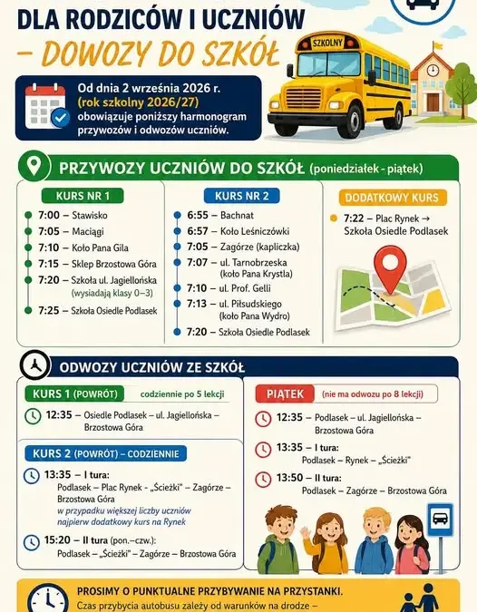 Nowy harmonogram dowozów szkolnych od 2 września 2026