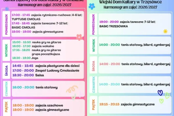 Harmonogram zajęć 2026/2027 w SOK Cmolas i WDK Trzęsówka – sprawdź godziny