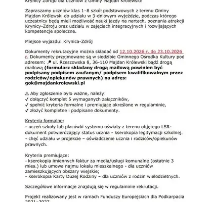 Gmina Majdan Królewski rekrutuje uczniów na obóz narciarski w Krynicy-Zdroju
