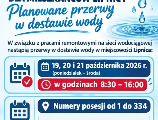 Lipnica: przerwy w dostawie wody 19–21 października