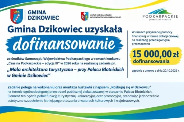 Huśtawka z napisem „Rozbujaj się w Dzikowcu” – gmina pozyskała 15 tys. zł na małą architekturę turystyczną