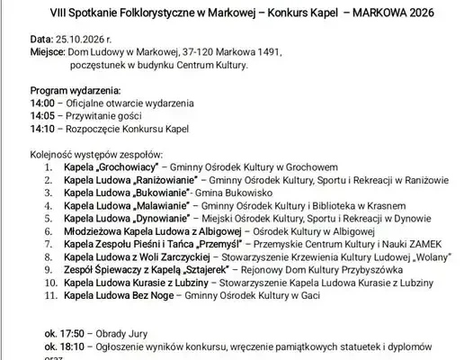 VIII Spotkanie Folklorystyczne w Markowej – Kapela Raniżowianie wśród uczestników konkursu