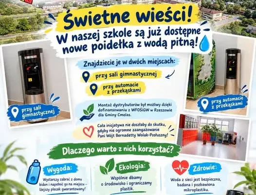 Nowe poidełka z wodą pitną w szkole w Cmolasie – ekologia i zdrowie