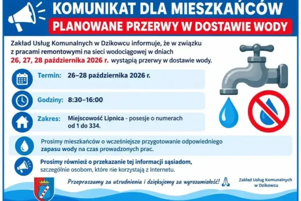 Przerwy w dostawie wody w Lipnicy – 26–28 października