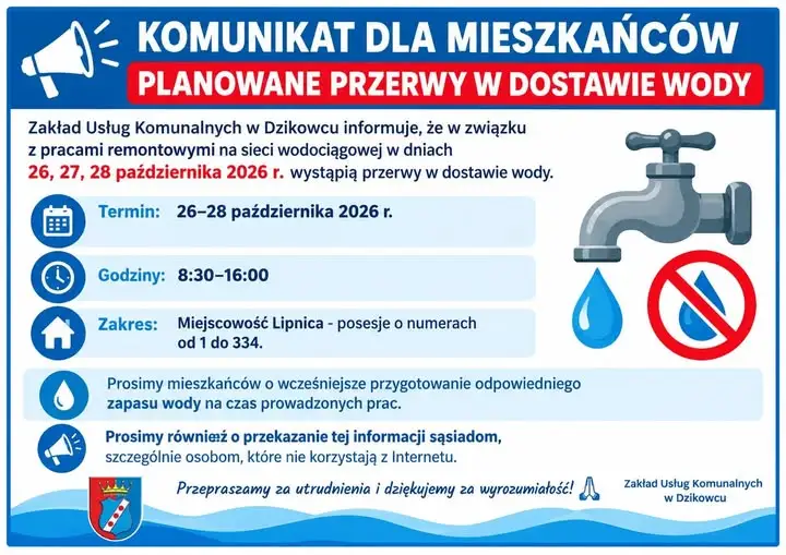 Przerwy w dostawie wody w Lipnicy – 26–28 października