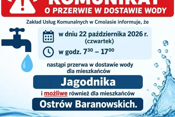 Przerwa w dostawie wody w Cmolasie – Jagodnik i Ostrów Baranowskich 22 października