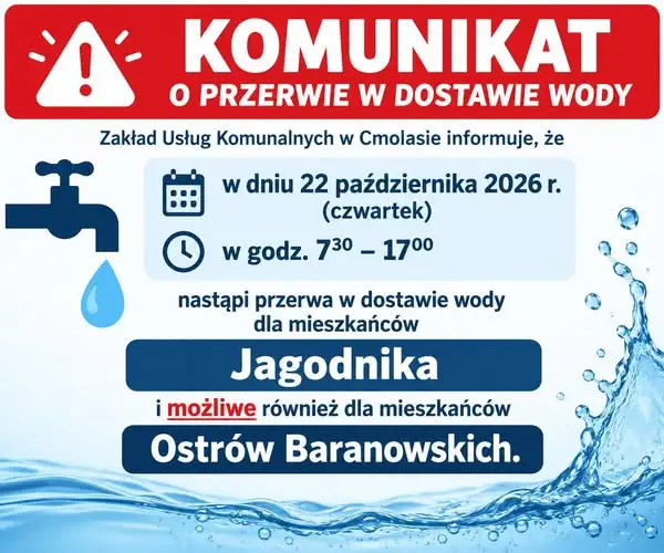 Przerwa w dostawie wody w Cmolasie – Jagodnik i Ostrów Baranowskich 22 października