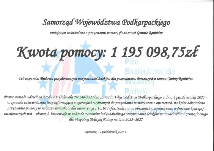 Raniżów: 1,2 mln zł na przydomowe oczyszczalnie dla 50 gospodarstw