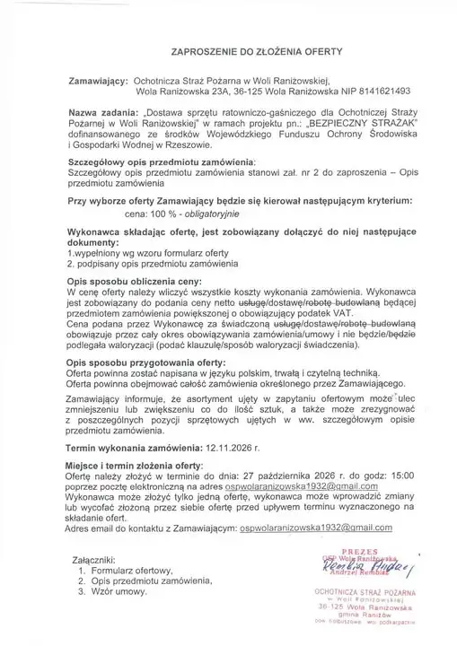 OSP Wola Raniżowska kupuje sprzęt ratowniczo-gaśniczy. Oferty do 27 października