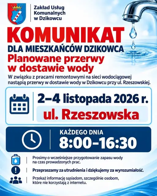 Dzikowiec: przerwy w dostawie wody przy ul. Rzeszowskiej 2–4 listopada